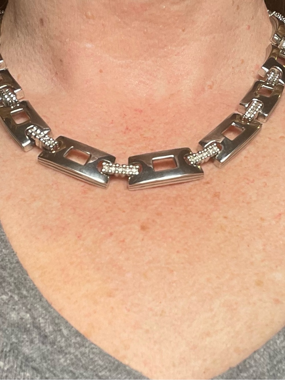 Sterling Silver Geometric Link Necklace - Silver